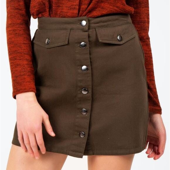 Francesca's Collections Dresses & Skirts - Francesca's Hensley Button Down Olive Green Moto Fall Boho Mini Skirt NWT Small